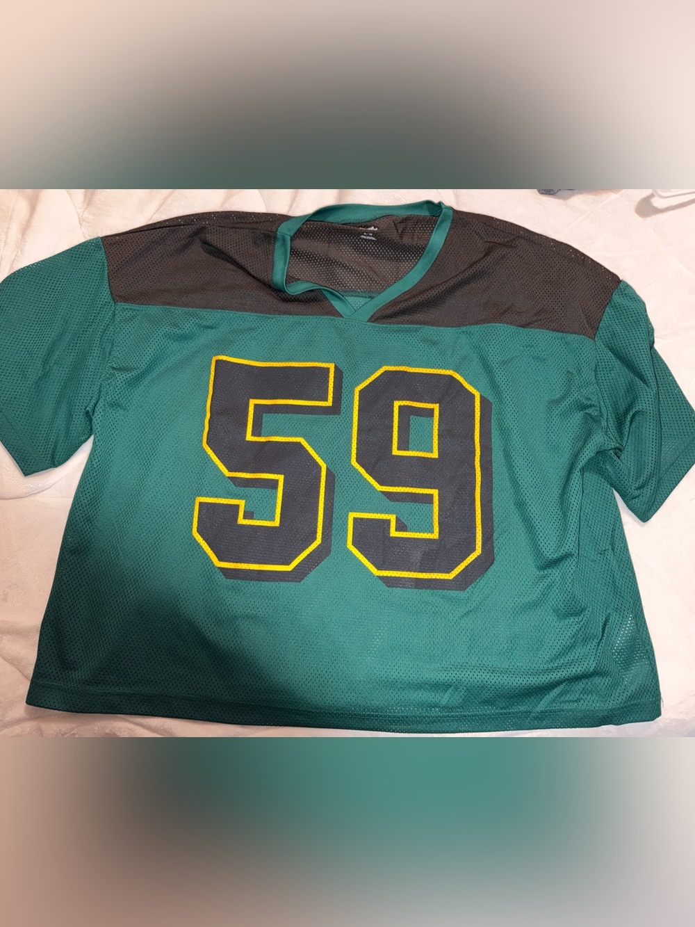 Urban Outfitters green Mesh Jersey Top with Black Yoke and Yellow-Trim '59'